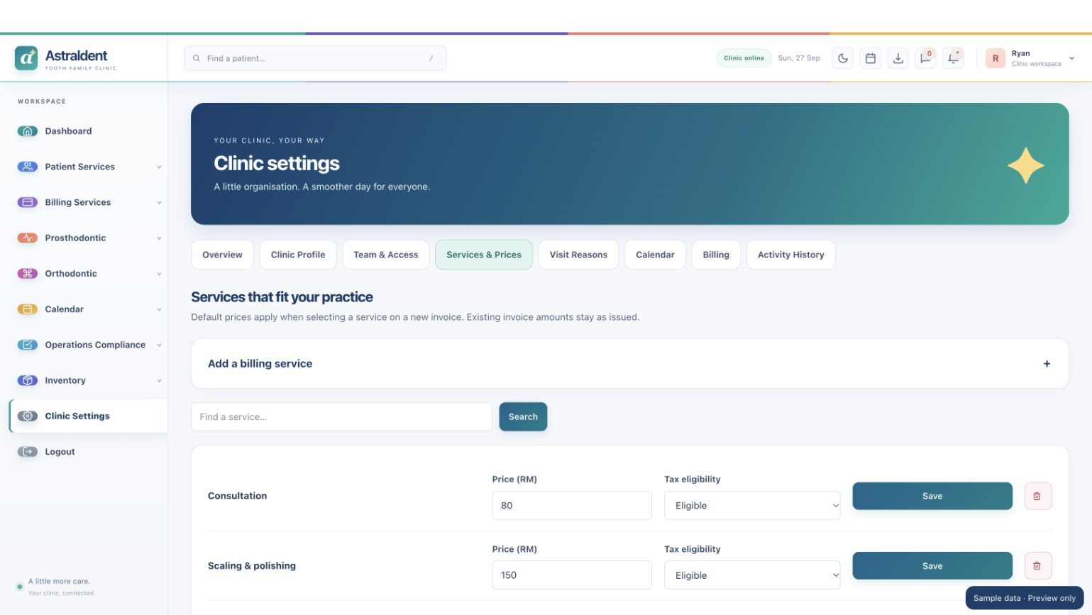 Astraldent billing screen with synthetic sample data