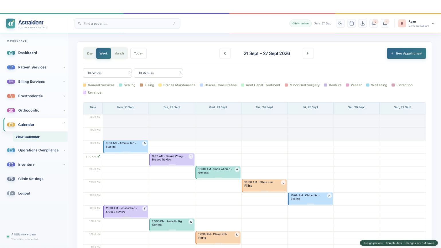 Astraldent scheduling screen with synthetic sample data