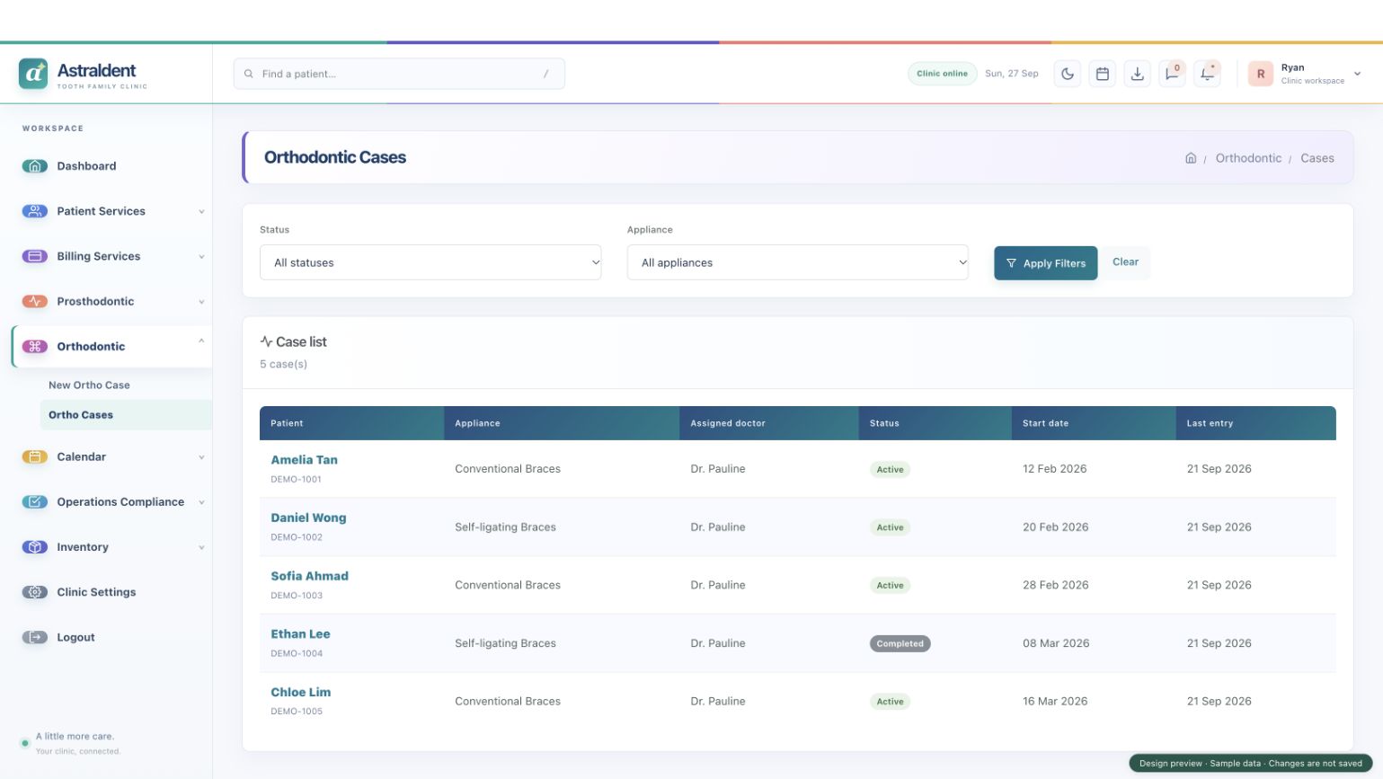 Astraldent clinical cases screen with synthetic sample data