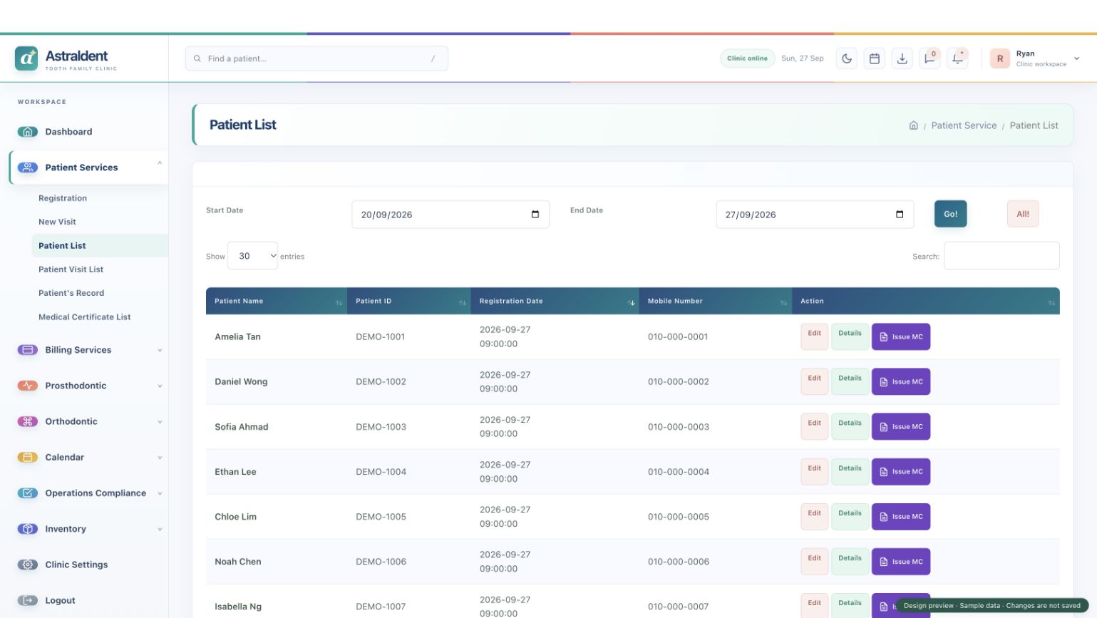 Astraldent patient records screen with synthetic sample data